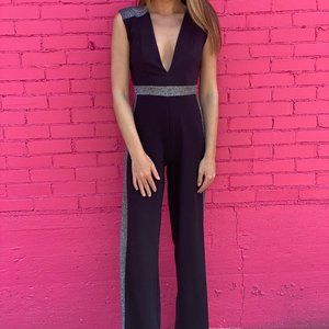 Black and Silver Plunge V-neck Jumpsuit